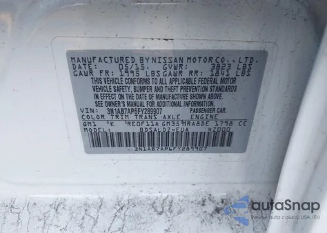 2015 Nissan Sentra Fe+ S/S/Sl/Sr/Sv из США, поврежденный, VIN 3N1AB7AP6FY289907